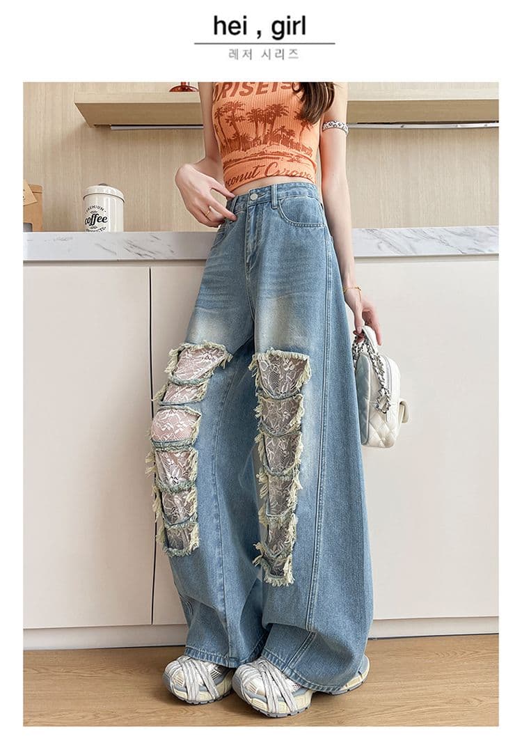 데님 블루 찢어진 부분 레이스 모통이 칼 청바지 여성 2026 년 봄 여름 트렌드 핫걸 바람 스트레이트 넓은 다리 바닥 청소 바지 상세 이미지 18