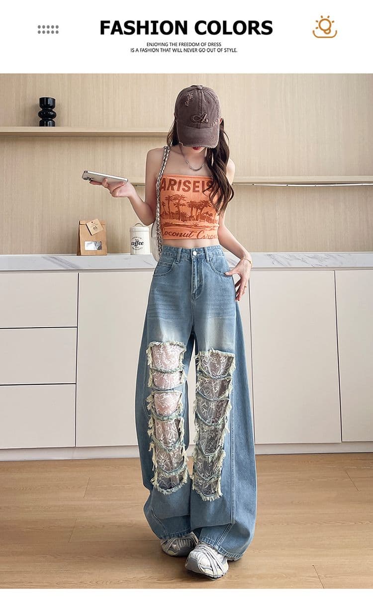 데님 블루 찢어진 부분 레이스 모통이 칼 청바지 여성 2026 년 봄 여름 트렌드 핫걸 바람 스트레이트 넓은 다리 바닥 청소 바지 상세 이미지 19