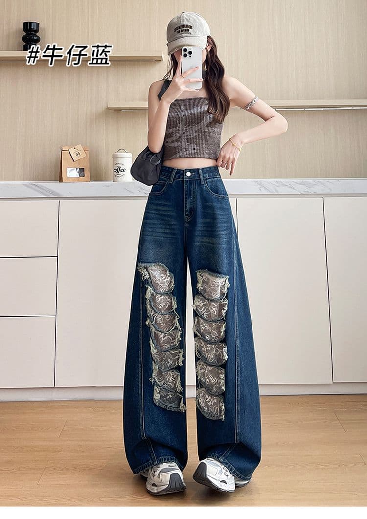 데님 블루 찢어진 부분 레이스 모통이 칼 청바지 여성 2026 년 봄 여름 트렌드 핫걸 바람 스트레이트 넓은 다리 바닥 청소 바지 상세 이미지 22