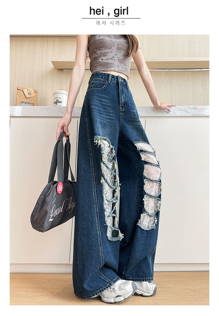 데님 블루 찢어진 부분 레이스 모통이 칼 청바지 여성 2026 년 봄 여름 트렌드 핫걸 바람 스트레이트 넓은 다리 바닥 청소 바지 상세 이미지 23
