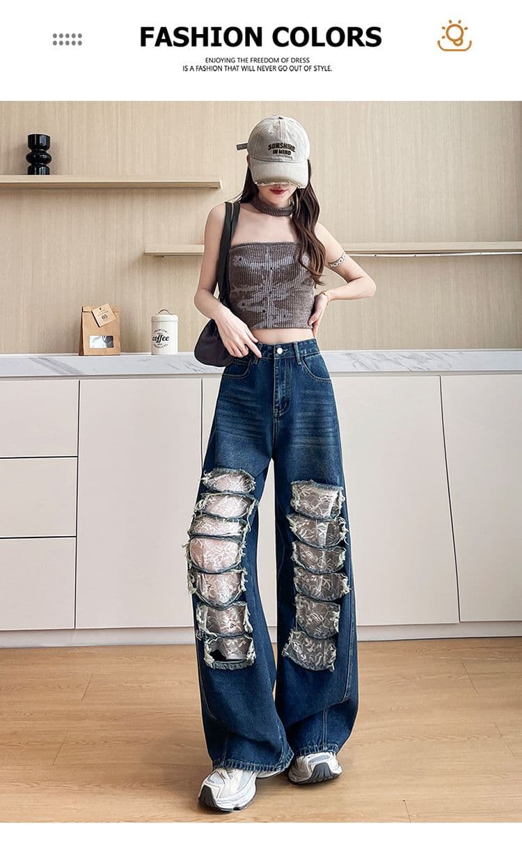 데님 블루 찢어진 부분 레이스 모통이 칼 청바지 여성 2026 년 봄 여름 트렌드 핫걸 바람 스트레이트 넓은 다리 바닥 청소 바지 상세 이미지 24