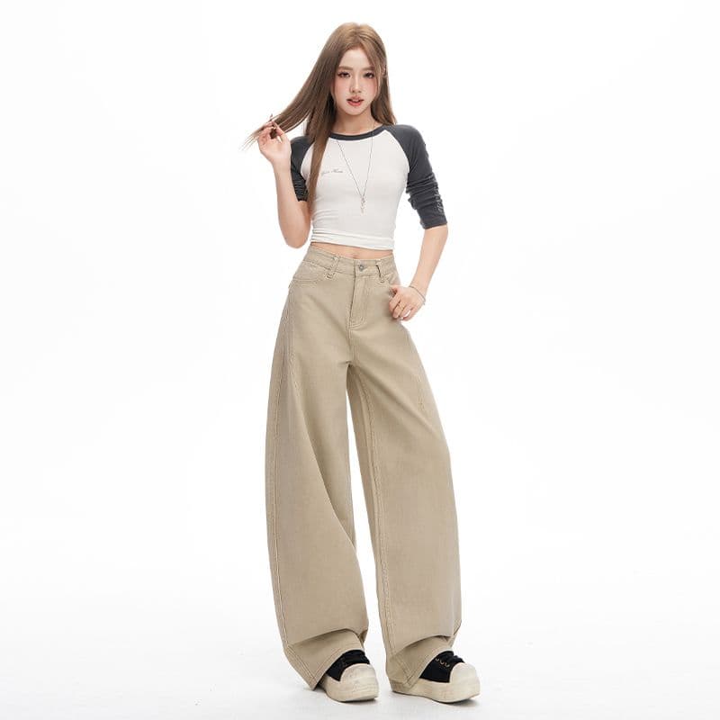 아메리칸 카키 색 넓은 다리 모통이 칼 바지 여성 봄 새로운 루즈핏 슬림해 보이는 바닥 청소 바지 이미지 5