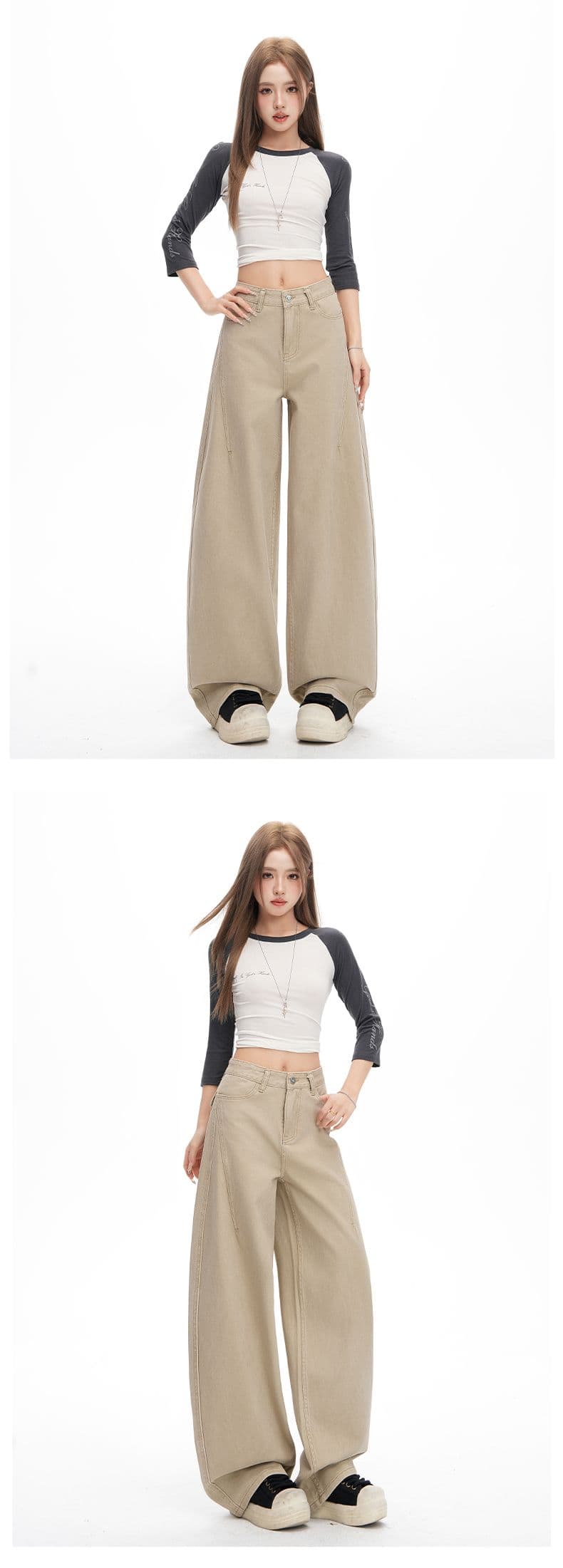 아메리칸 카키 색 넓은 다리 모통이 칼 바지 여성 봄 새로운 루즈핏 슬림해 보이는 바닥 청소 바지 상세 이미지 6