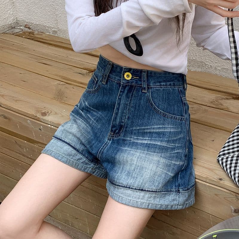 여름 새로운 레트로 볼륨 측면 하이웨이스트 데님 반바지 여성 루즈핏 슬림해 보이는 캐주얼 반바지