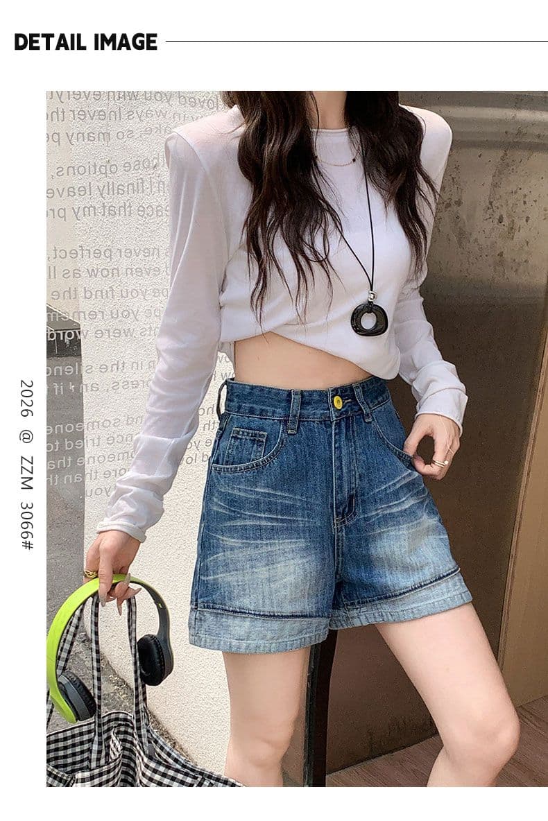 여름 새로운 레트로 볼륨 측면 하이웨이스트 데님 반바지 여성 루즈핏 슬림해 보이는 캐주얼 반바지 상세 이미지 6