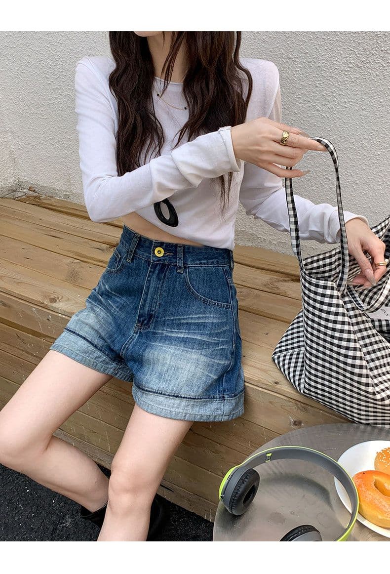 여름 새로운 레트로 볼륨 측면 하이웨이스트 데님 반바지 여성 루즈핏 슬림해 보이는 캐주얼 반바지 상세 이미지 7