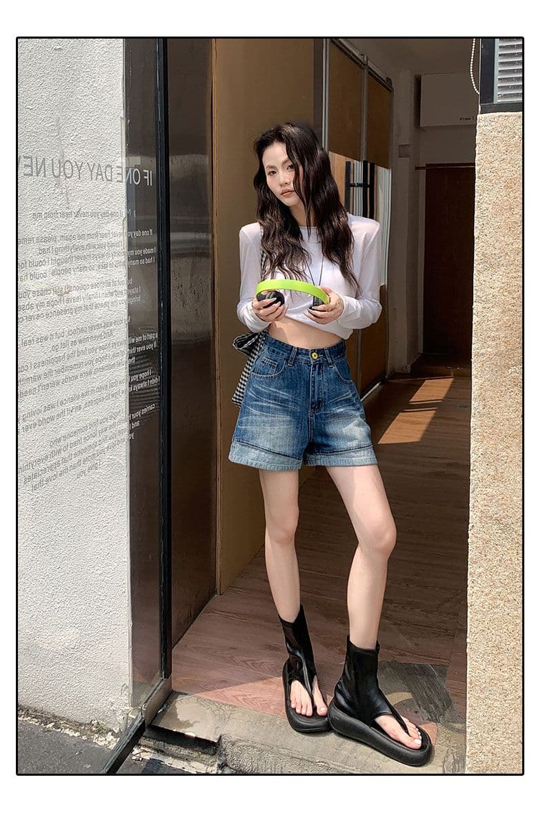 여름 새로운 레트로 볼륨 측면 하이웨이스트 데님 반바지 여성 루즈핏 슬림해 보이는 캐주얼 반바지 상세 이미지 8