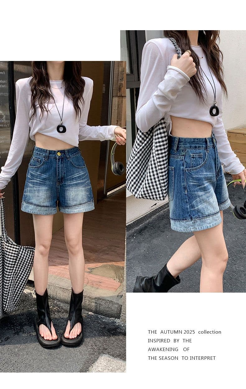 여름 새로운 레트로 볼륨 측면 하이웨이스트 데님 반바지 여성 루즈핏 슬림해 보이는 캐주얼 반바지 상세 이미지 9