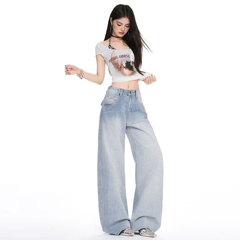 파리 버클 아메리칸 레트로 하이웨이스트 루즈핏 와이드 레그 팬츠 이후 부서 버클 디자인 센스 수 있습니다. 조정 모통이 칼 바지 청바지 여성 이미지 5