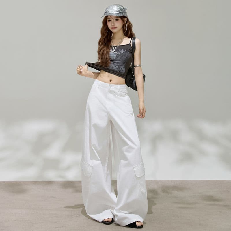 디자인 센스 아메리칸 레트로 핫걸 모통이 칼 바지 다용도 슬림해 보이는 기타 주머니 넓은 다리 워크웨어 캐주얼 바지 이미지 4