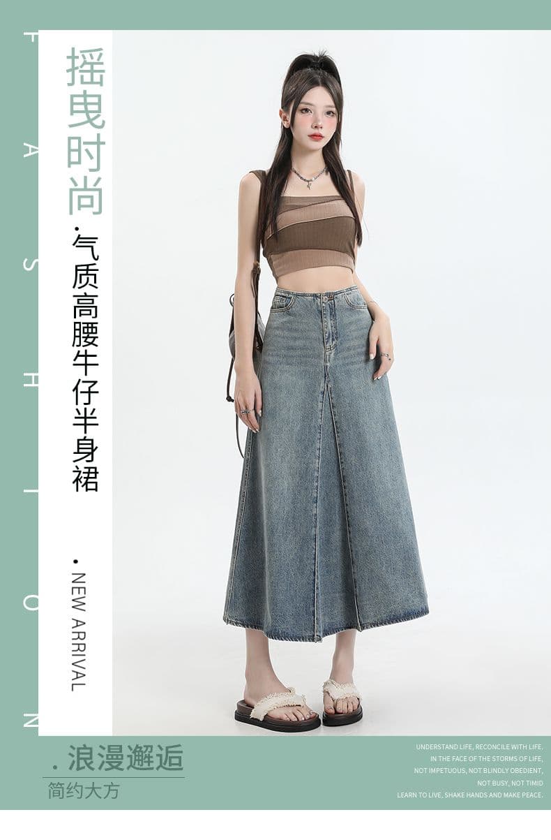 2026 여름 새로운 아메리칸 레트로 워시 물 데님 반신 스커트 여성 여름 한 마디 대 치마 패치워크 중간 길이 스커트 상세 이미지 1