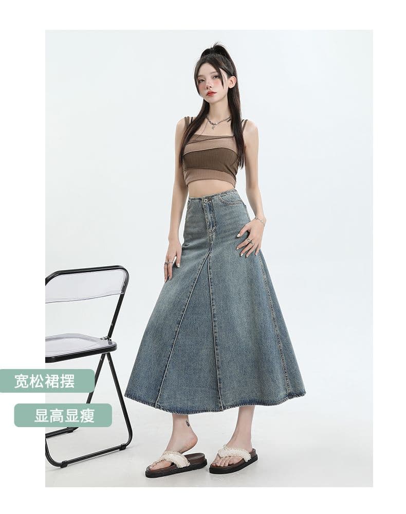 2026 여름 새로운 아메리칸 레트로 워시 물 데님 반신 스커트 여성 여름 한 마디 대 치마 패치워크 중간 길이 스커트 상세 이미지 3