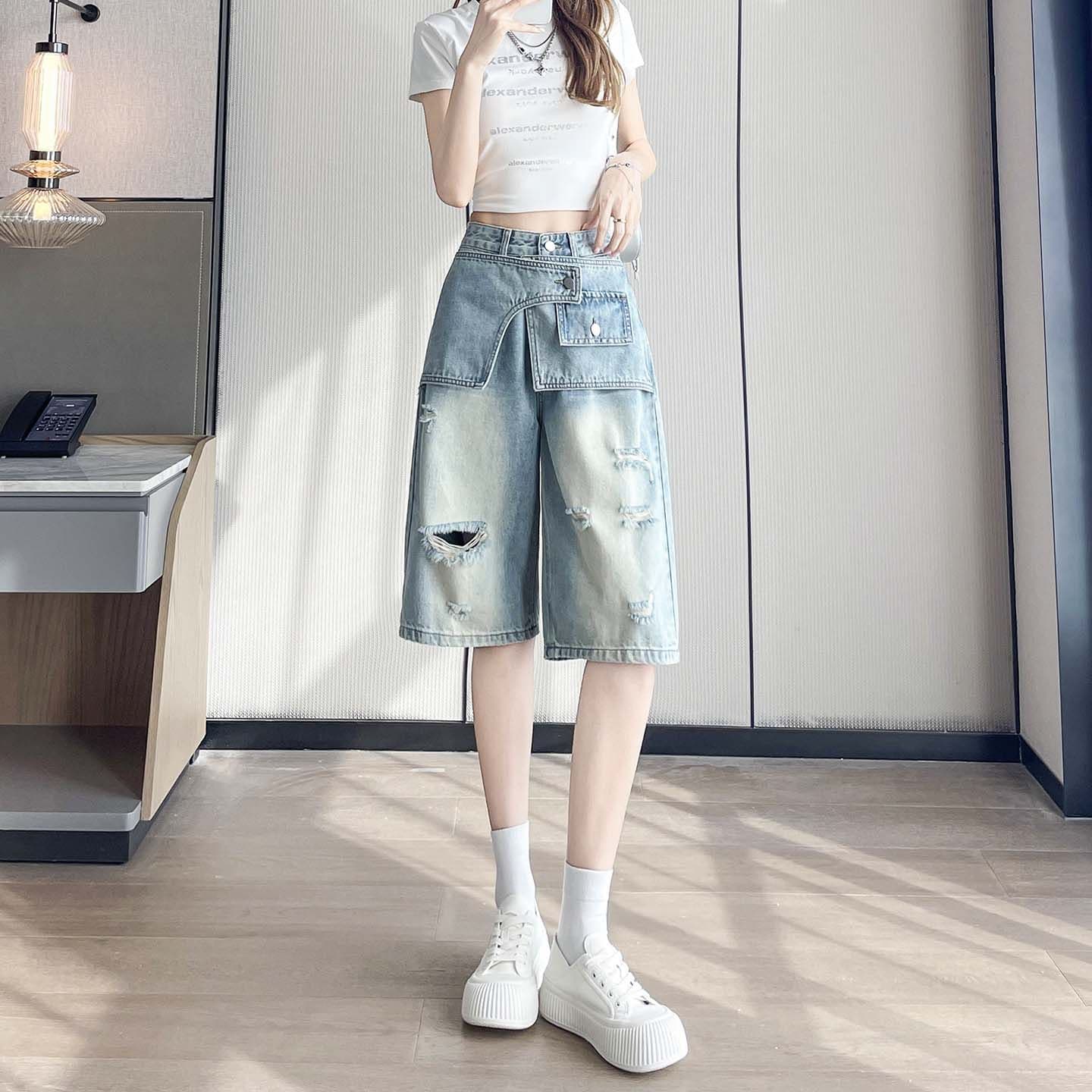 아메리칸 높음 거리 찢어진 부분 7 점 청바지 여성 2026 여름 새로운 루즈핏 슬림해 보이는 페이크 레이어드 넓은 다리 스트레이트 팬츠 이미지 3