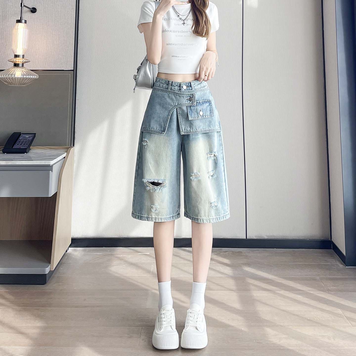 아메리칸 높음 거리 찢어진 부분 7 점 청바지 여성 2026 여름 새로운 루즈핏 슬림해 보이는 페이크 레이어드 넓은 다리 스트레이트 팬츠 이미지 4