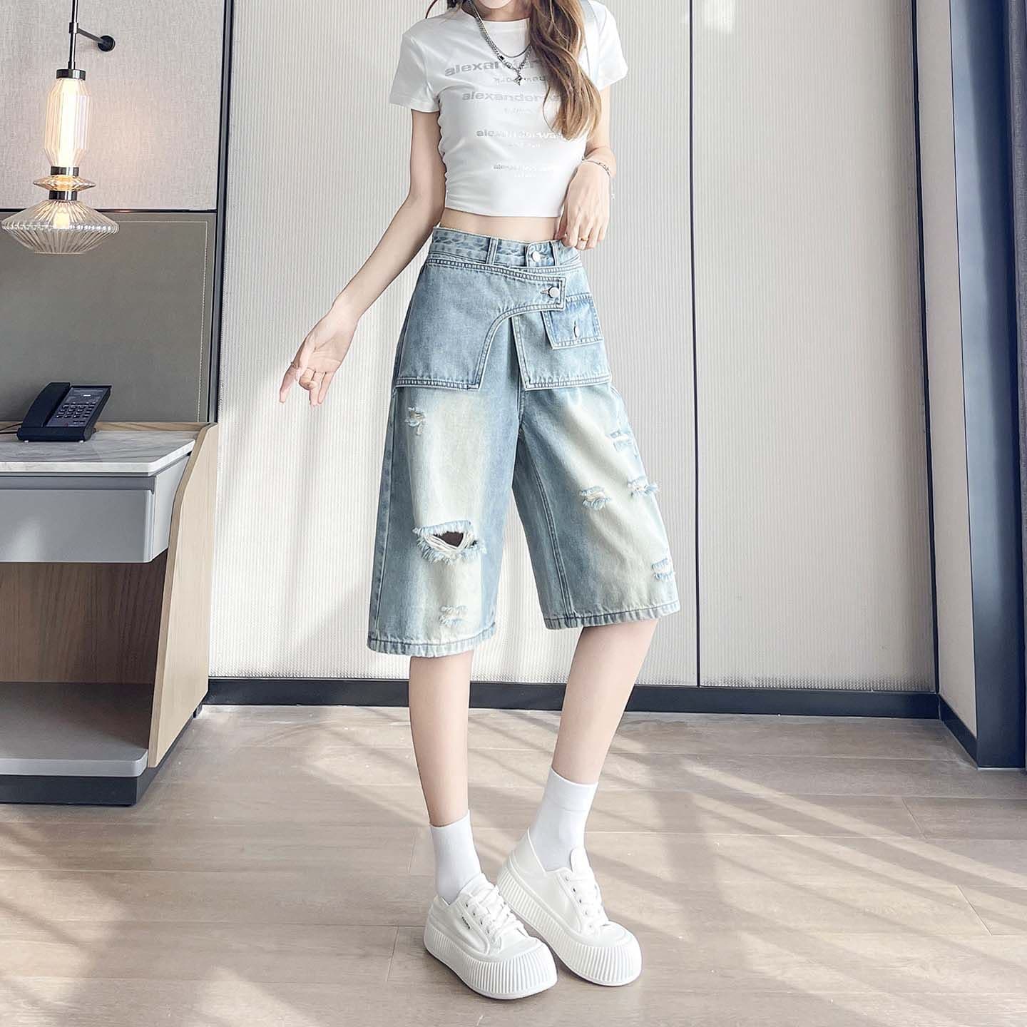 아메리칸 높음 거리 찢어진 부분 7 점 청바지 여성 2026 여름 새로운 루즈핏 슬림해 보이는 페이크 레이어드 넓은 다리 스트레이트 팬츠 이미지 6
