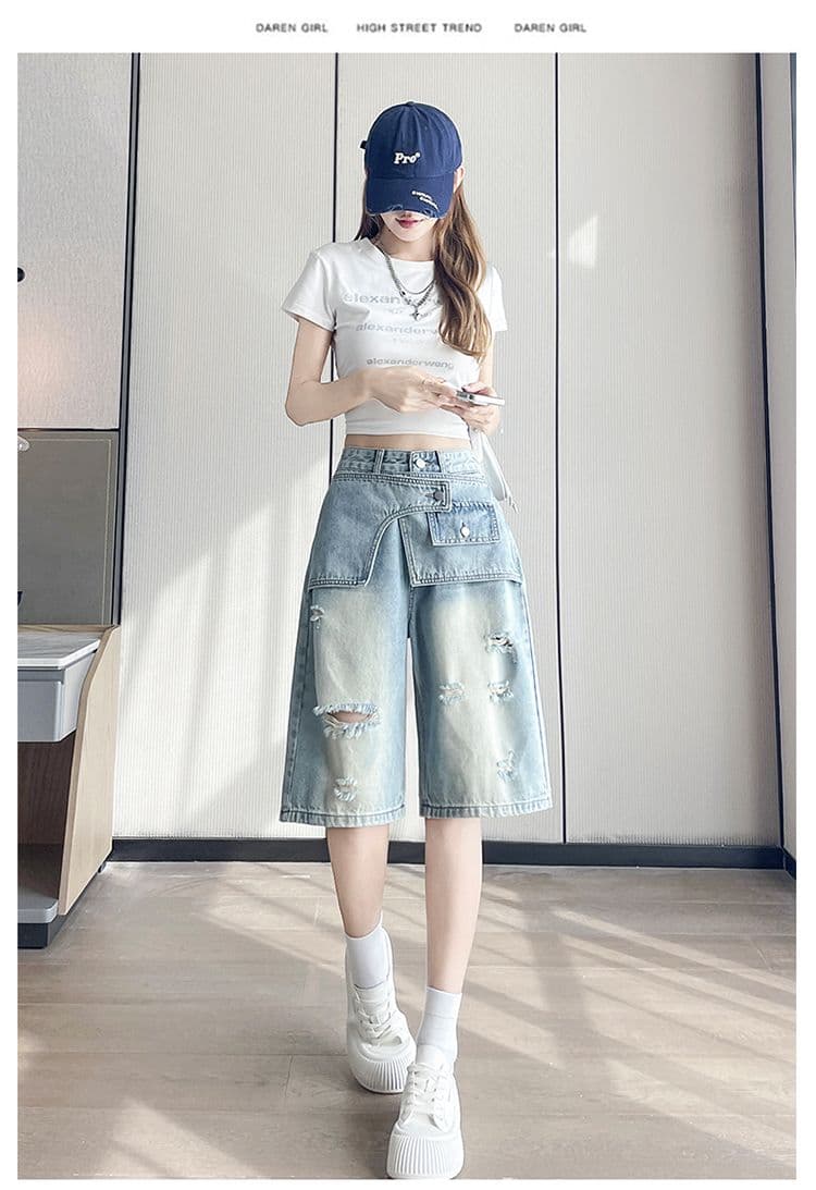 아메리칸 높음 거리 찢어진 부분 7 점 청바지 여성 2026 여름 새로운 루즈핏 슬림해 보이는 페이크 레이어드 넓은 다리 스트레이트 팬츠 상세 이미지 20