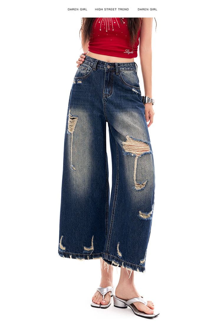 레트로 찢어진 부분 거친 가장자리 8 점 넓은 다리 청바지 여성 여름 새로운 하이웨이스트 슬림해 보이는 아메리칸 높음 거리 스트레이트 바지 상세 이미지 22