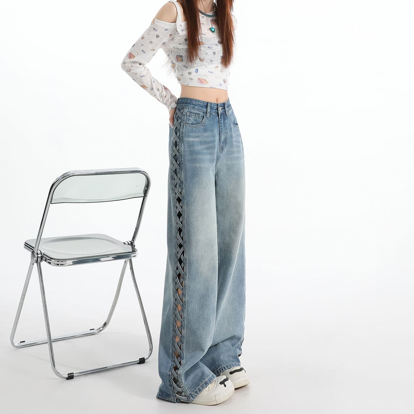 새로운 디자인 센스 짜임 홀로우 아웃 개성 청바지 여성 하이웨이스트 루즈핏 도루 센스 넓은 다리 슬림해 보이는 스트레이트 바닥 청소 바지 이미지 5