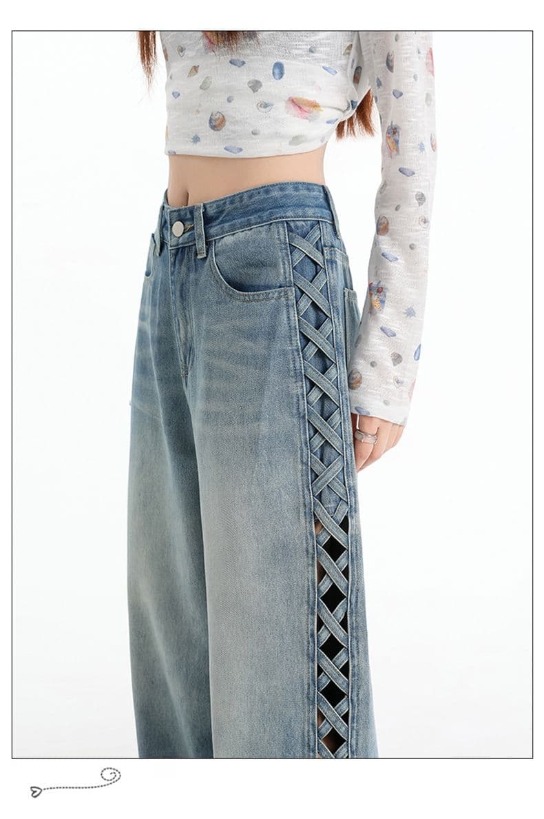 새로운 디자인 센스 짜임 홀로우 아웃 개성 청바지 여성 하이웨이스트 루즈핏 도루 센스 넓은 다리 슬림해 보이는 스트레이트 바닥 청소 바지 상세 이미지 10