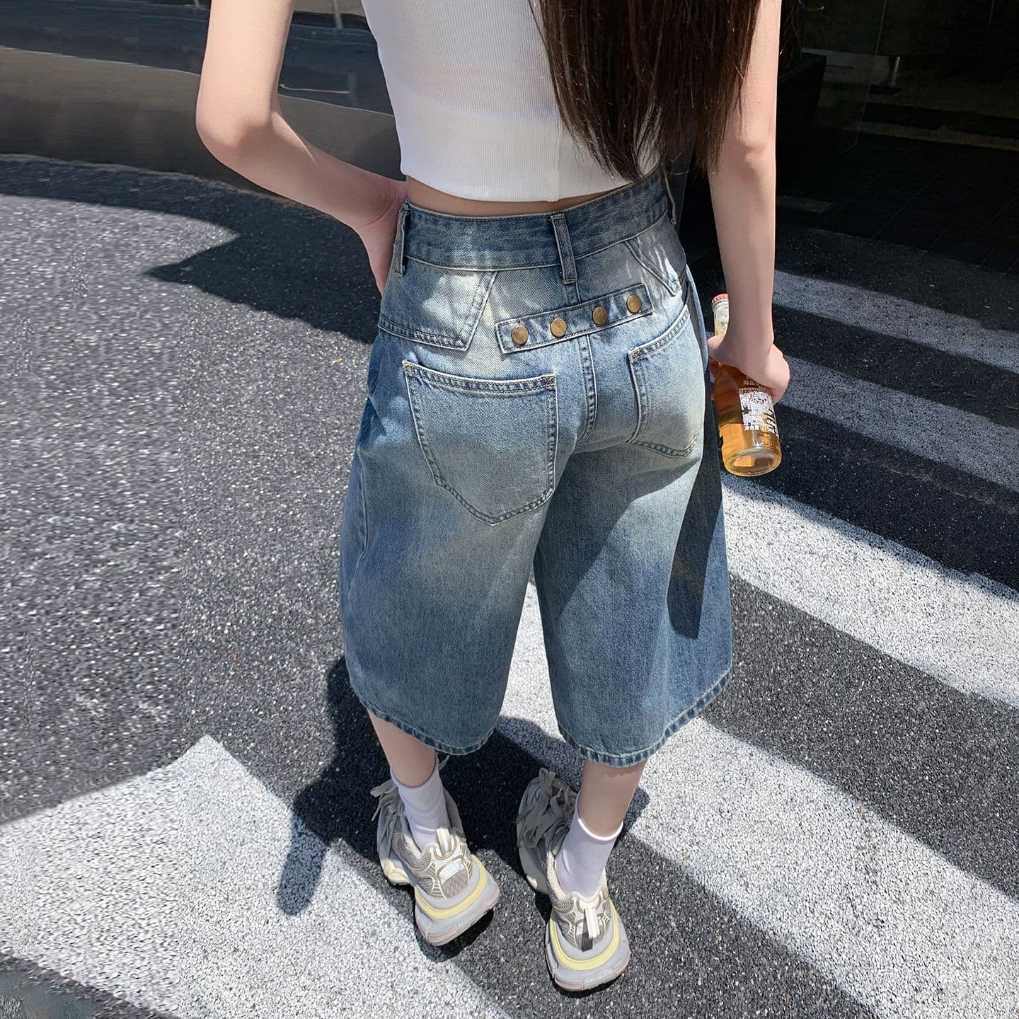 아메리칸 루즈핏 데님 7부 바지 여성 여름 개성 디자인 루즈핏 넓은 다리 높음 거리 작은 키 스트레이트 바지 여성 이미지 6