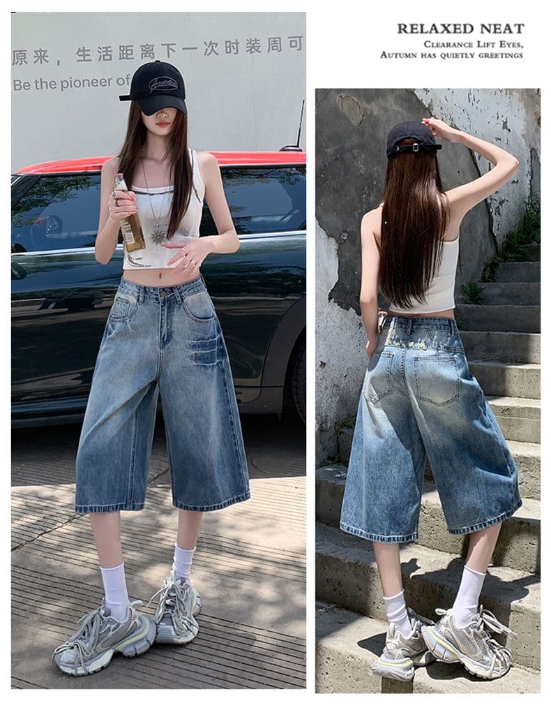 아메리칸 루즈핏 데님 7부 바지 여성 여름 개성 디자인 루즈핏 넓은 다리 높음 거리 작은 키 스트레이트 바지 여성 상세 이미지 11