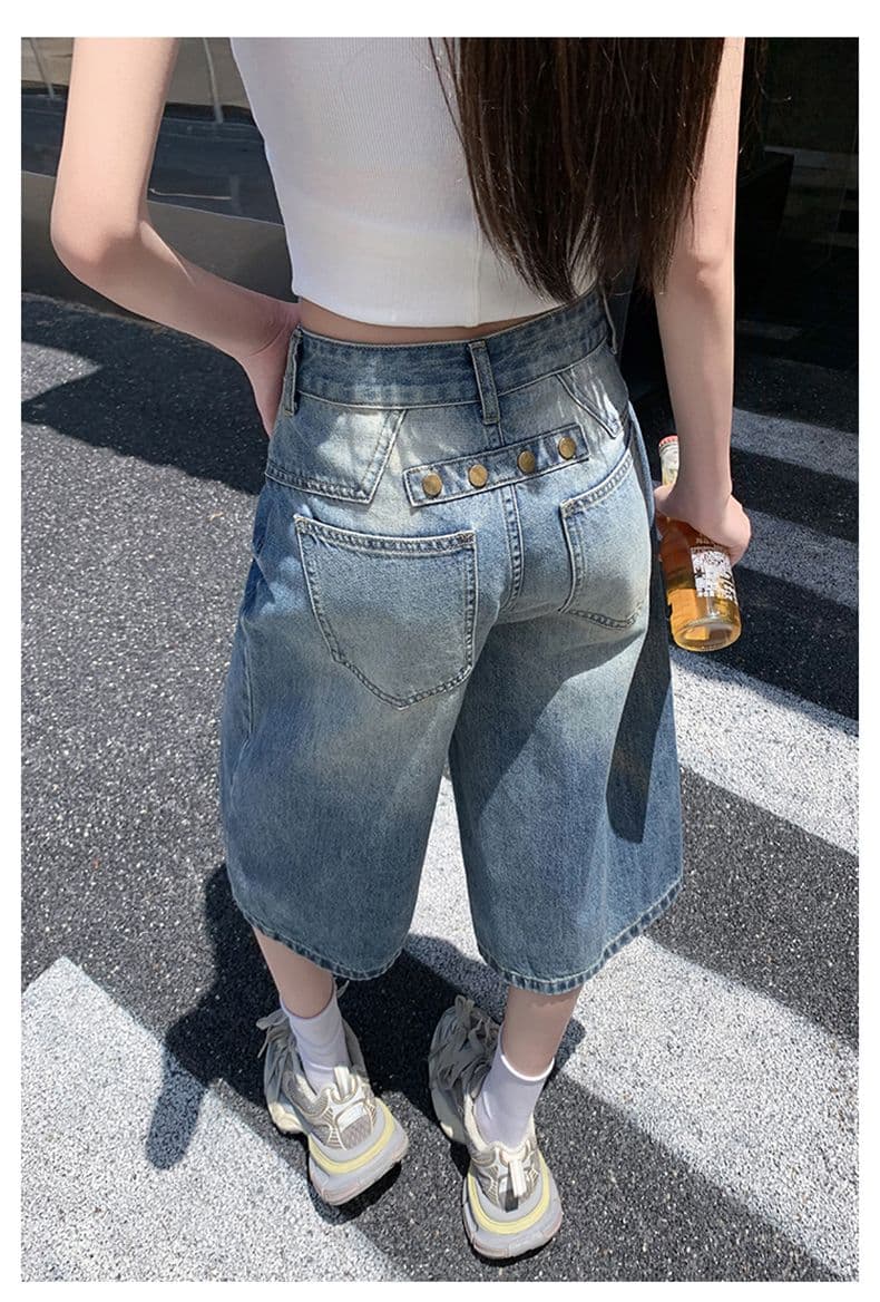 아메리칸 루즈핏 데님 7부 바지 여성 여름 개성 디자인 루즈핏 넓은 다리 높음 거리 작은 키 스트레이트 바지 여성 상세 이미지 12