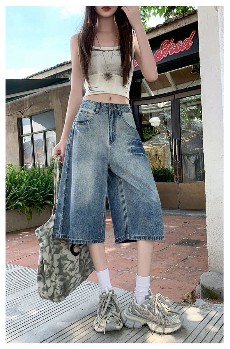 아메리칸 루즈핏 데님 7부 바지 여성 여름 개성 디자인 루즈핏 넓은 다리 높음 거리 작은 키 스트레이트 바지 여성 상세 이미지 14