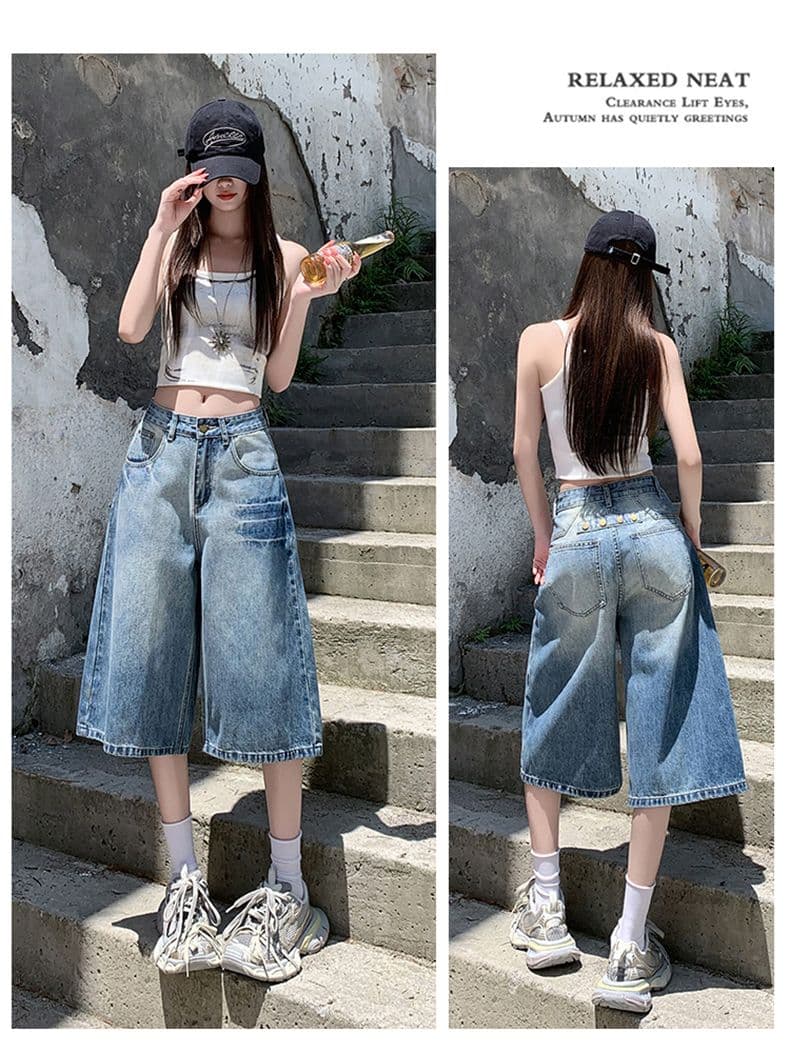 아메리칸 루즈핏 데님 7부 바지 여성 여름 개성 디자인 루즈핏 넓은 다리 높음 거리 작은 키 스트레이트 바지 여성 상세 이미지 16