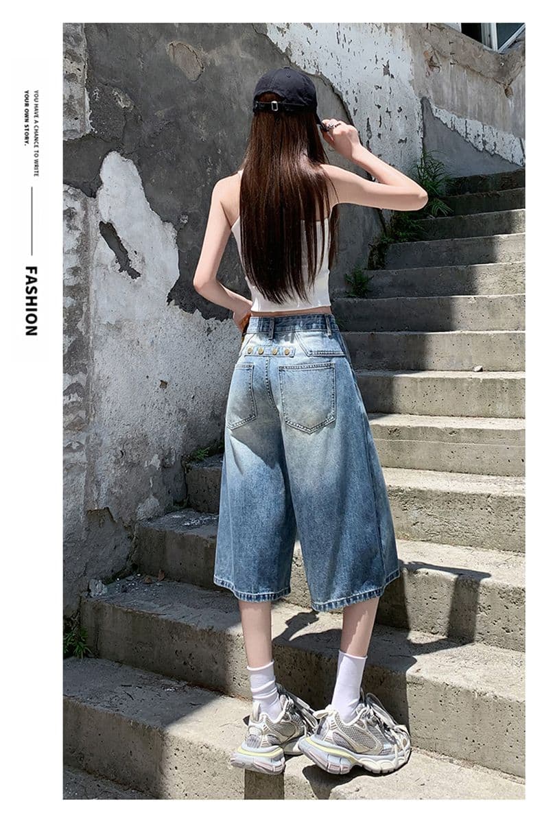 아메리칸 루즈핏 데님 7부 바지 여성 여름 개성 디자인 루즈핏 넓은 다리 높음 거리 작은 키 스트레이트 바지 여성 상세 이미지 18
