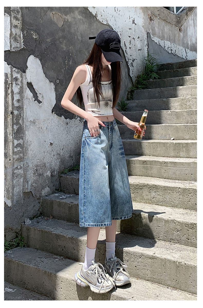 아메리칸 루즈핏 데님 7부 바지 여성 여름 개성 디자인 루즈핏 넓은 다리 높음 거리 작은 키 스트레이트 바지 여성 상세 이미지 19