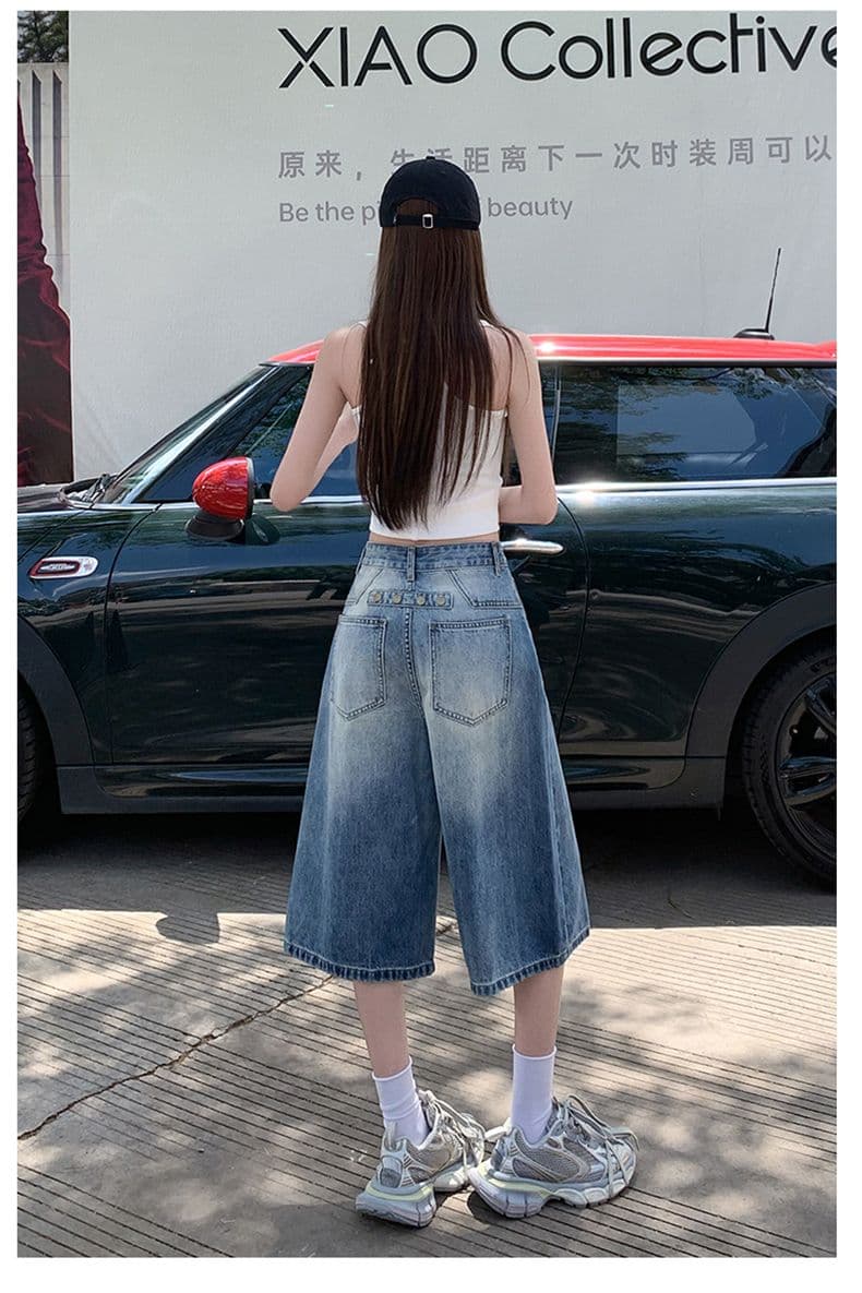 아메리칸 루즈핏 데님 7부 바지 여성 여름 개성 디자인 루즈핏 넓은 다리 높음 거리 작은 키 스트레이트 바지 여성 상세 이미지 20