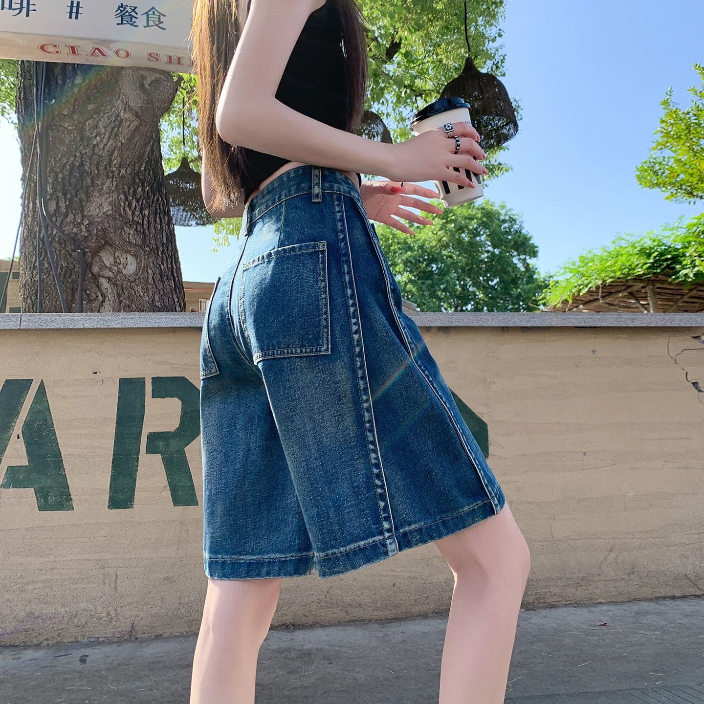 아메리칸 루즈핏 데님 7부 바지 여성 여름 개성 디자인 루즈핏 넓은 다리 높음 거리 작은 키 스트레이트 바지 여성 이미지 2