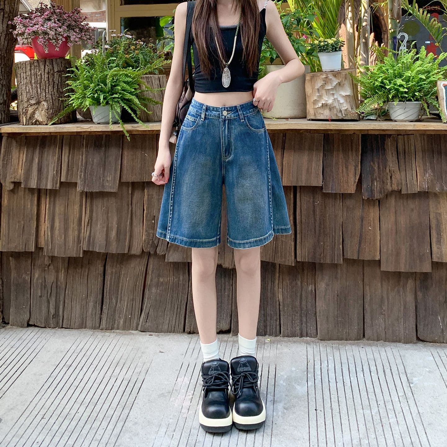 아메리칸 루즈핏 데님 7부 바지 여성 여름 개성 디자인 루즈핏 넓은 다리 높음 거리 작은 키 스트레이트 바지 여성 이미지 3