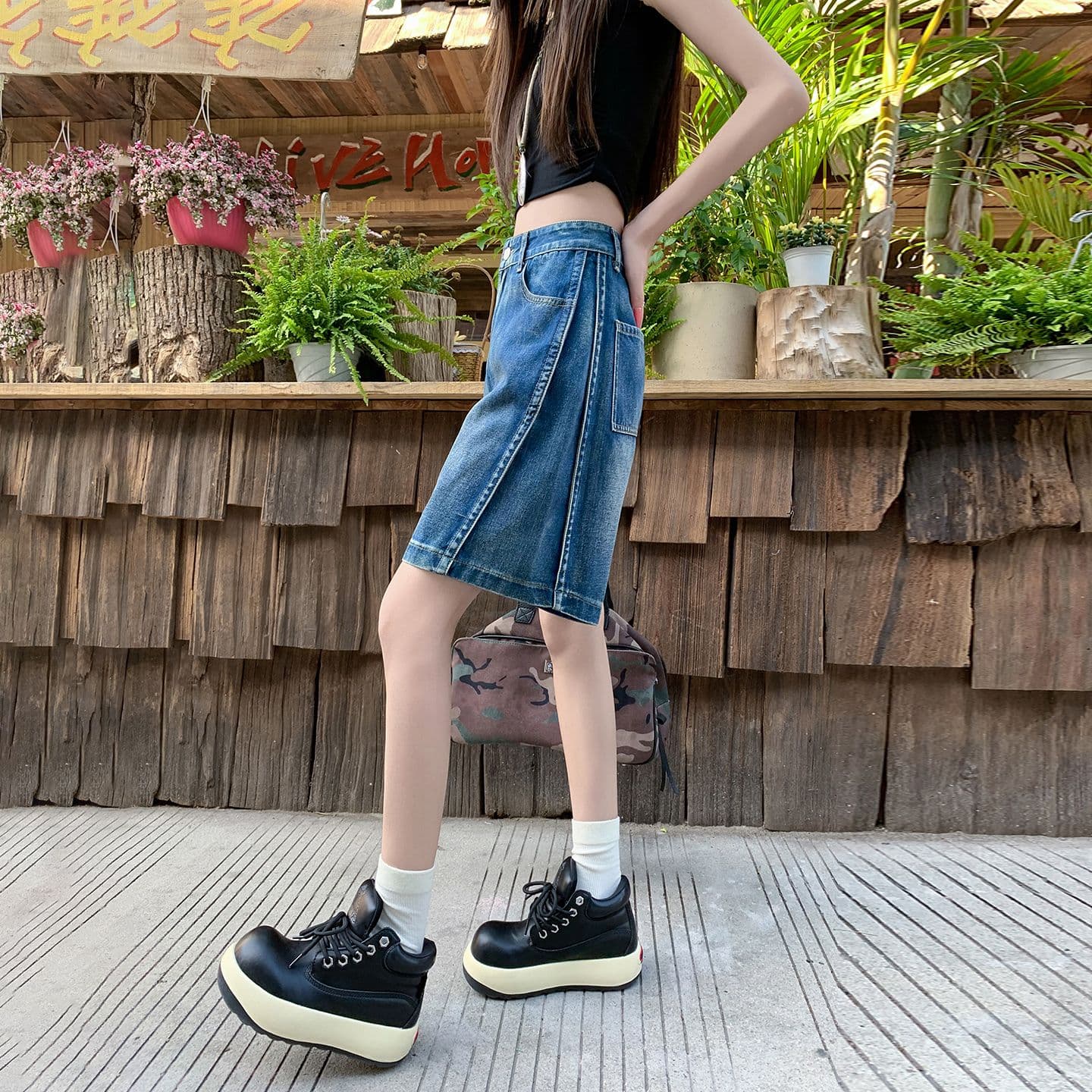 아메리칸 루즈핏 데님 7부 바지 여성 여름 개성 디자인 루즈핏 넓은 다리 높음 거리 작은 키 스트레이트 바지 여성 이미지 6