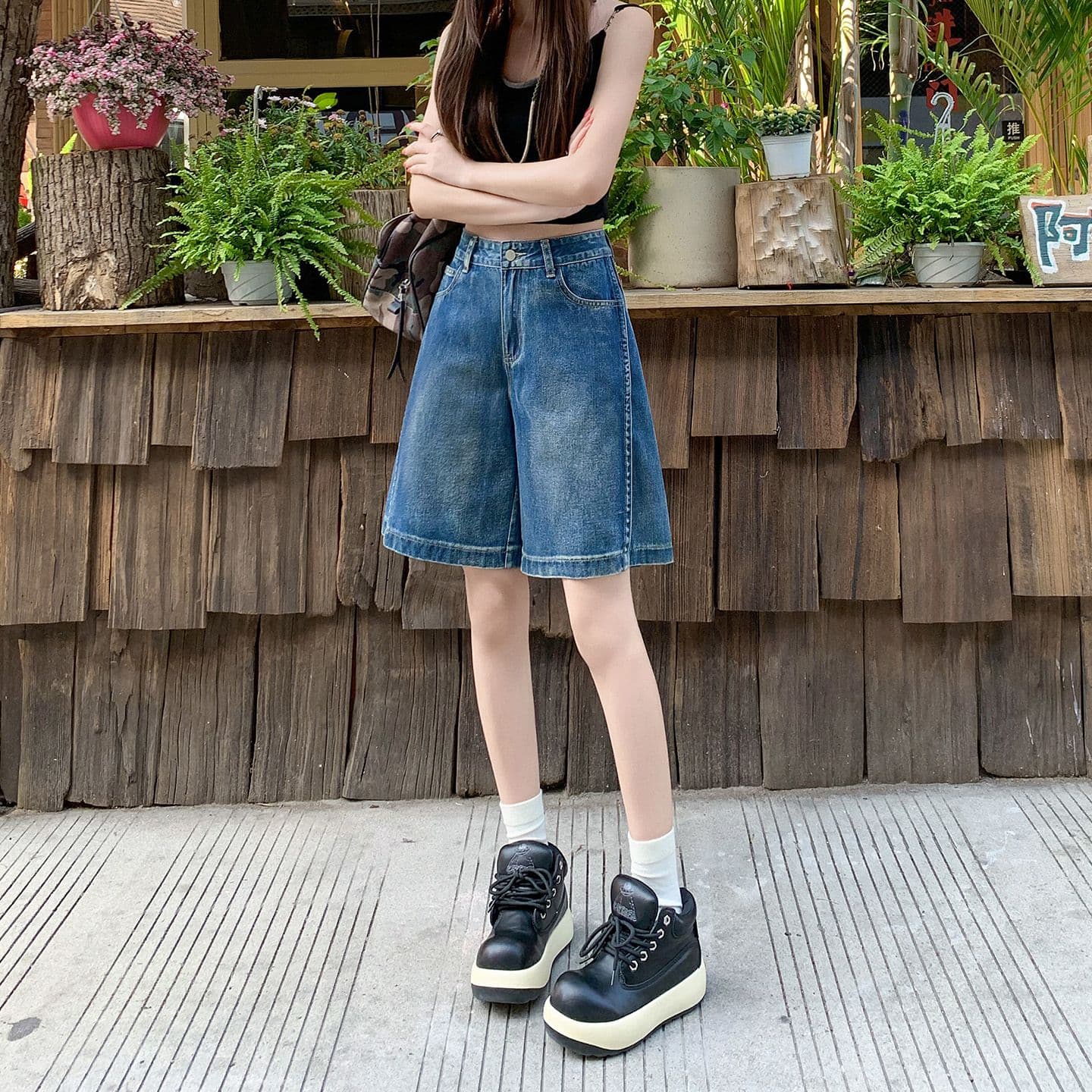 아메리칸 루즈핏 데님 7부 바지 여성 여름 개성 디자인 루즈핏 넓은 다리 높음 거리 작은 키 스트레이트 바지 여성 이미지 4