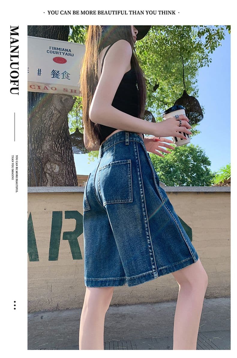 아메리칸 루즈핏 데님 7부 바지 여성 여름 개성 디자인 루즈핏 넓은 다리 높음 거리 작은 키 스트레이트 바지 여성 상세 이미지 10