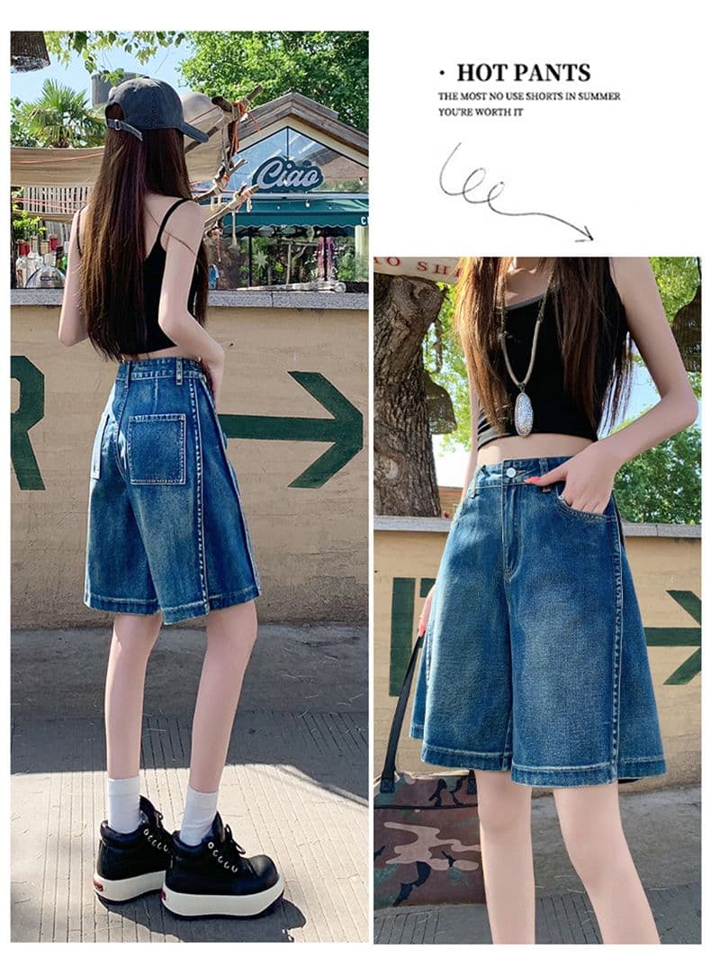 아메리칸 루즈핏 데님 7부 바지 여성 여름 개성 디자인 루즈핏 넓은 다리 높음 거리 작은 키 스트레이트 바지 여성 상세 이미지 12