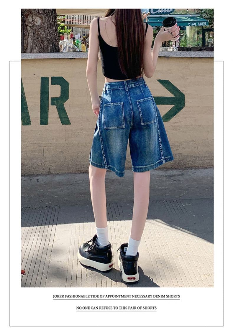 아메리칸 루즈핏 데님 7부 바지 여성 여름 개성 디자인 루즈핏 넓은 다리 높음 거리 작은 키 스트레이트 바지 여성 상세 이미지 14