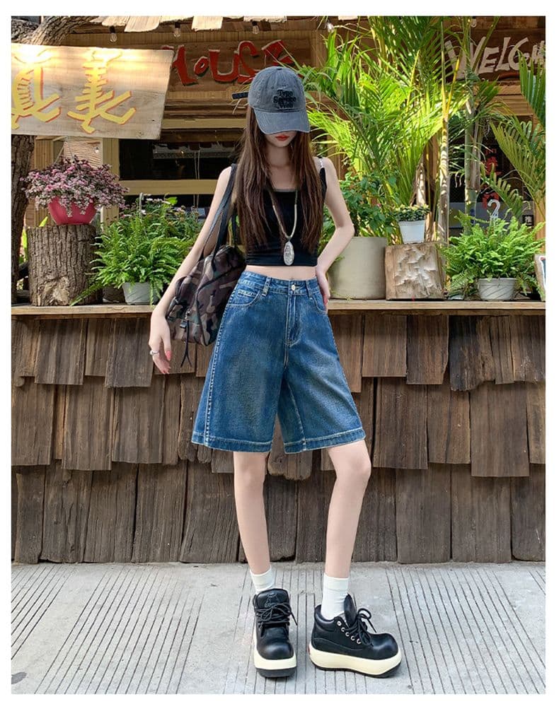 아메리칸 루즈핏 데님 7부 바지 여성 여름 개성 디자인 루즈핏 넓은 다리 높음 거리 작은 키 스트레이트 바지 여성 상세 이미지 16