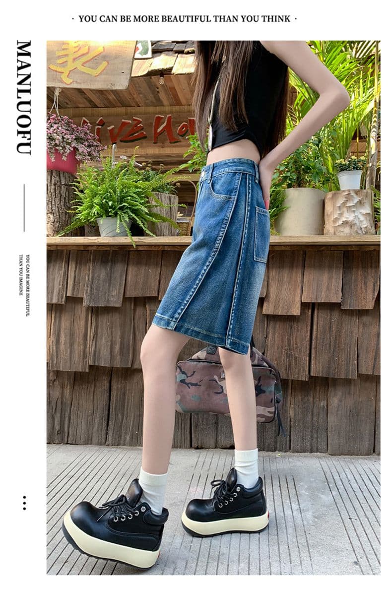 아메리칸 루즈핏 데님 7부 바지 여성 여름 개성 디자인 루즈핏 넓은 다리 높음 거리 작은 키 스트레이트 바지 여성 상세 이미지 17