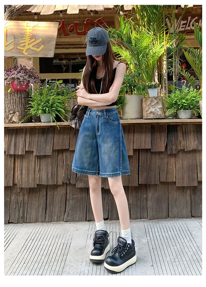 아메리칸 루즈핏 데님 7부 바지 여성 여름 개성 디자인 루즈핏 넓은 다리 높음 거리 작은 키 스트레이트 바지 여성 상세 이미지 18