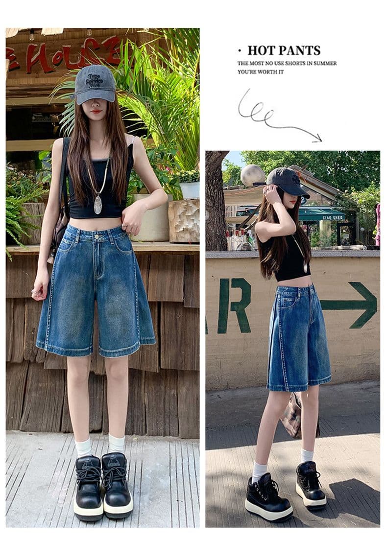 아메리칸 루즈핏 데님 7부 바지 여성 여름 개성 디자인 루즈핏 넓은 다리 높음 거리 작은 키 스트레이트 바지 여성 상세 이미지 19