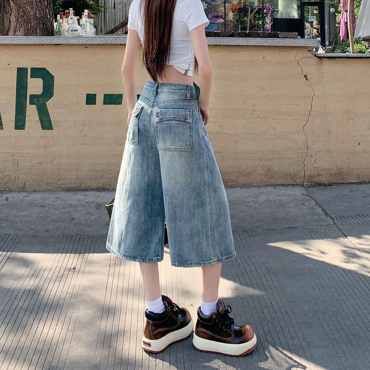 아메리칸 루즈핏 7 점 청바지 여성 여름 개성 디자인 루즈핏 넓은 다리 높음 거리 작은 키 스트레이트 바지 여성 이미지 3