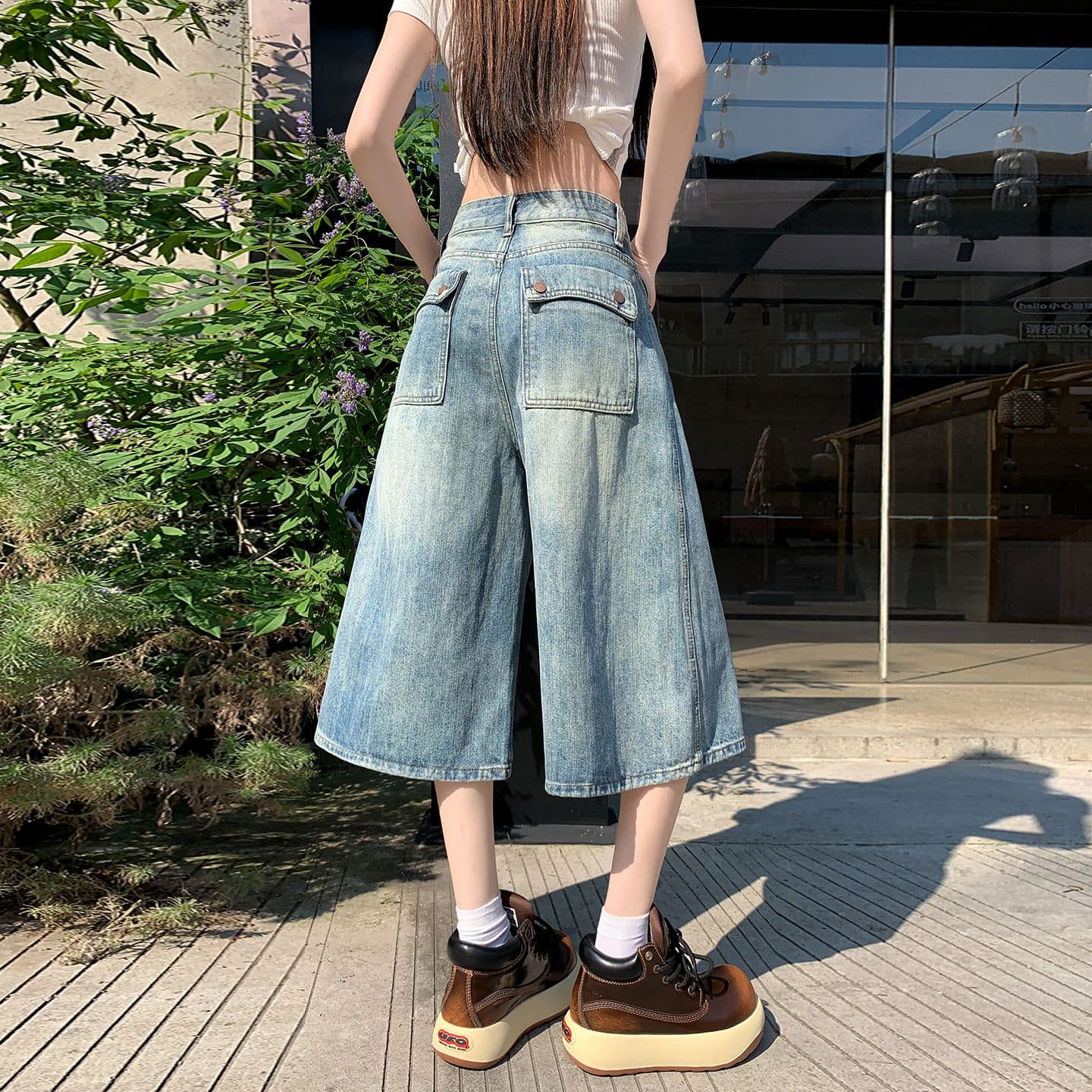 아메리칸 루즈핏 7 점 청바지 여성 여름 개성 디자인 루즈핏 넓은 다리 높음 거리 작은 키 스트레이트 바지 여성 이미지 5