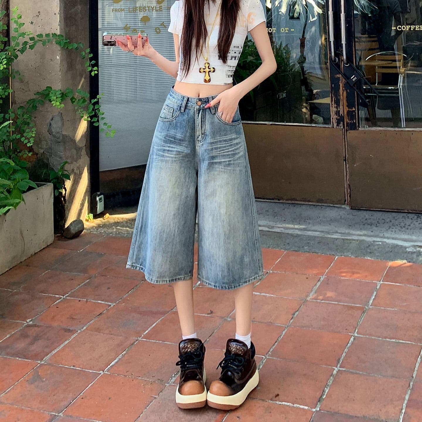 아메리칸 루즈핏 7 점 청바지 여성 여름 개성 디자인 루즈핏 넓은 다리 높음 거리 작은 키 스트레이트 바지 여성 이미지 6