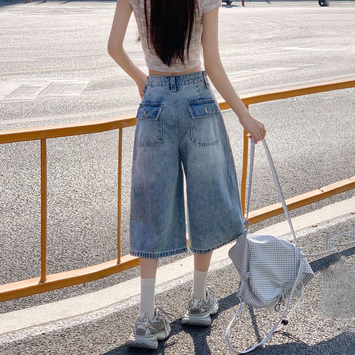아메리칸 루즈핏 7 점 청바지 여성 여름 개성 디자인 루즈핏 넓은 다리 높음 거리 작은 키 스트레이트 바지 여성 이미지 4
