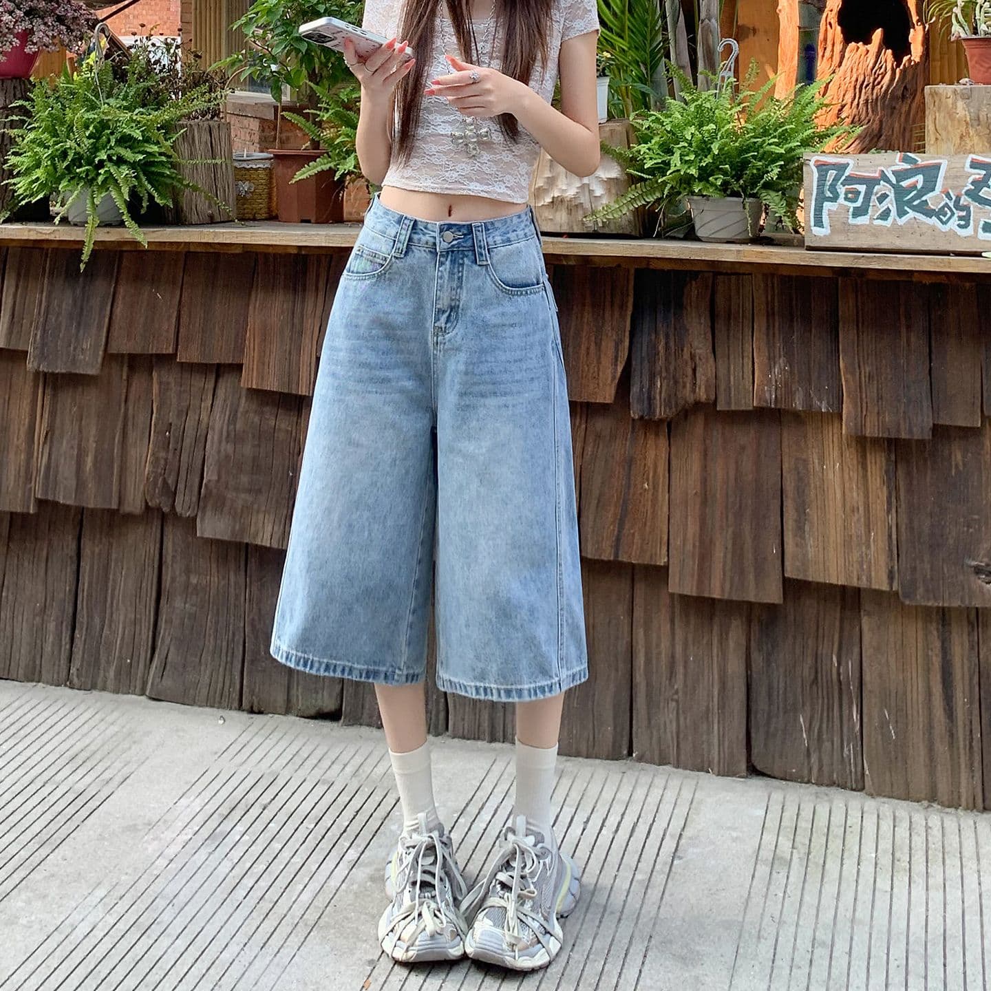 아메리칸 루즈핏 7 점 청바지 여성 여름 개성 디자인 루즈핏 넓은 다리 높음 거리 작은 키 스트레이트 바지 여성 이미지 6