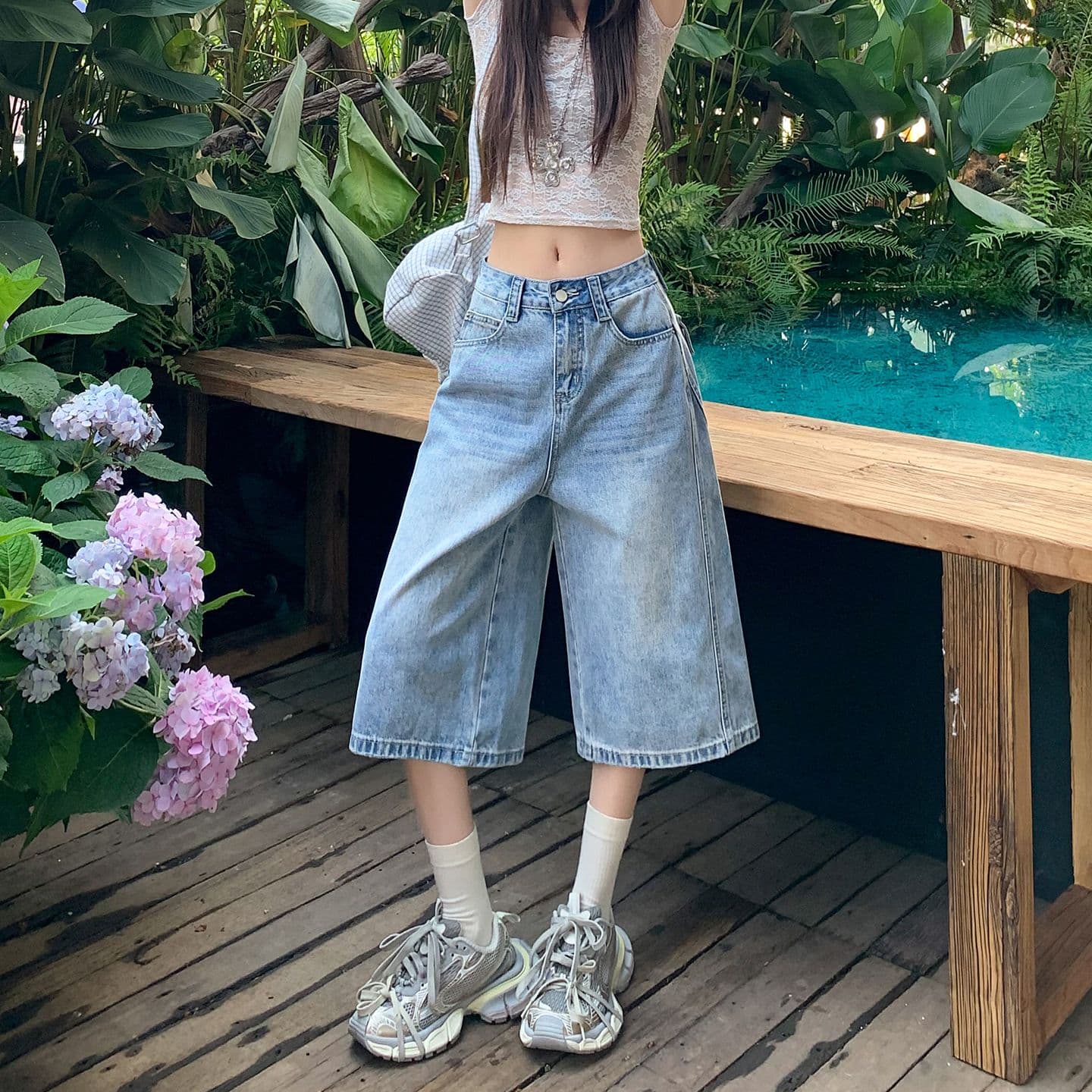 아메리칸 루즈핏 7 점 청바지 여성 여름 개성 디자인 루즈핏 넓은 다리 높음 거리 작은 키 스트레이트 바지 여성 이미지 2