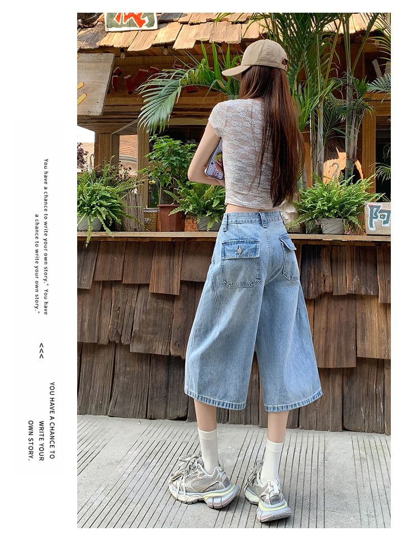 아메리칸 루즈핏 7 점 청바지 여성 여름 개성 디자인 루즈핏 넓은 다리 높음 거리 작은 키 스트레이트 바지 여성 상세 이미지 11