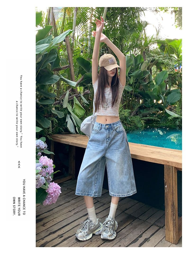 아메리칸 루즈핏 7 점 청바지 여성 여름 개성 디자인 루즈핏 넓은 다리 높음 거리 작은 키 스트레이트 바지 여성 상세 이미지 19